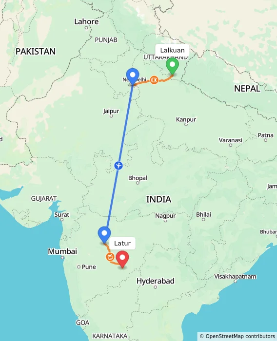 Route map showing distance and travel time from Lalkuan, India to Latur, India