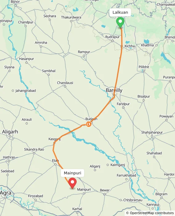 Route map showing distance and travel time from Lalkuan, India to Mainpuri, India
