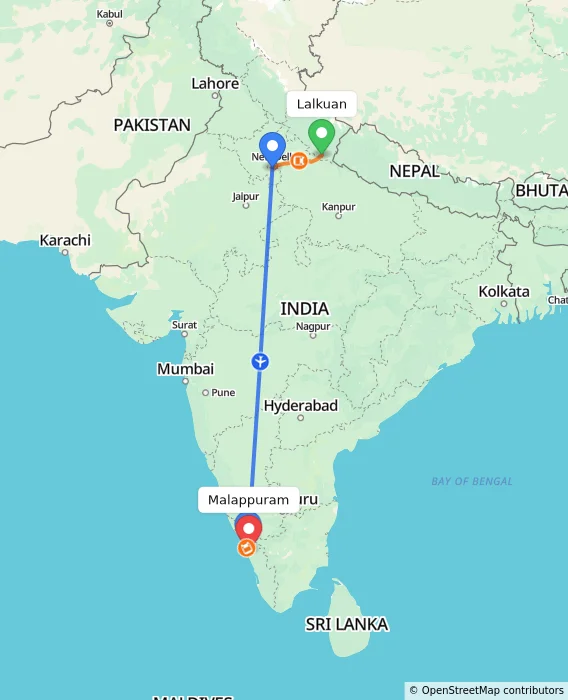 Route map showing distance and travel time from Lalkuan, India to Malappuram, India