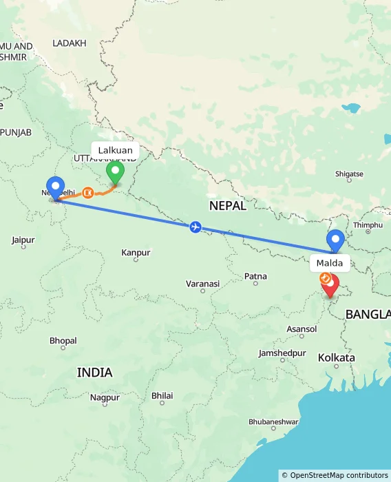 Route map showing distance and travel time from Lalkuan, India to Malda, India