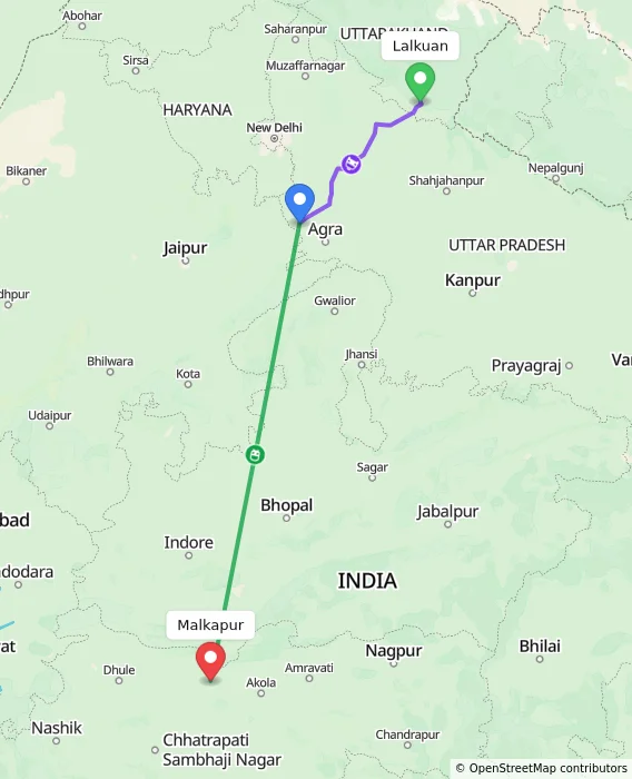 Route map showing distance and travel time from Lalkuan, India to Malkapur, India