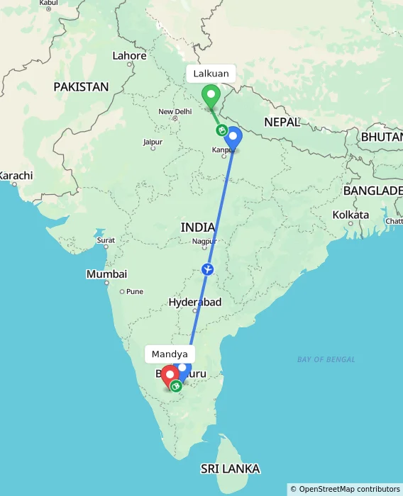 Route map showing distance and travel time from Lalkuan, India to Mandya, India
