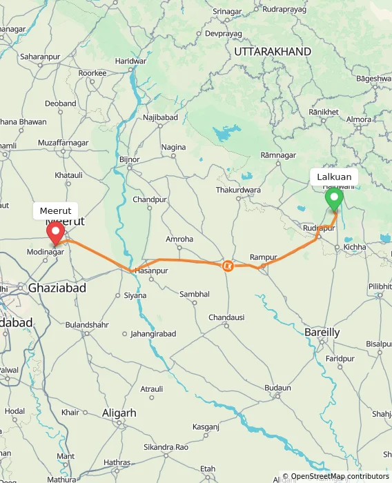 Route map showing distance and travel time from Lalkuan, India to Meerut, India