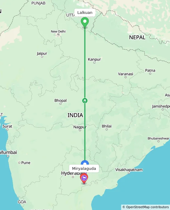 Route map showing distance and travel time from Lalkuan, India to Miryalaguda, India