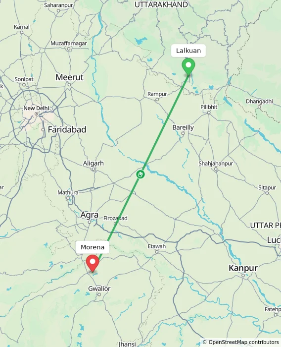 Route map showing distance and travel time from Lalkuan, India to Morena, India
