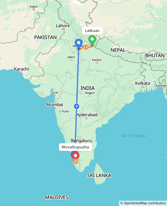 Route map showing distance and travel time from Lalkuan, India to Muvattupuzha, India