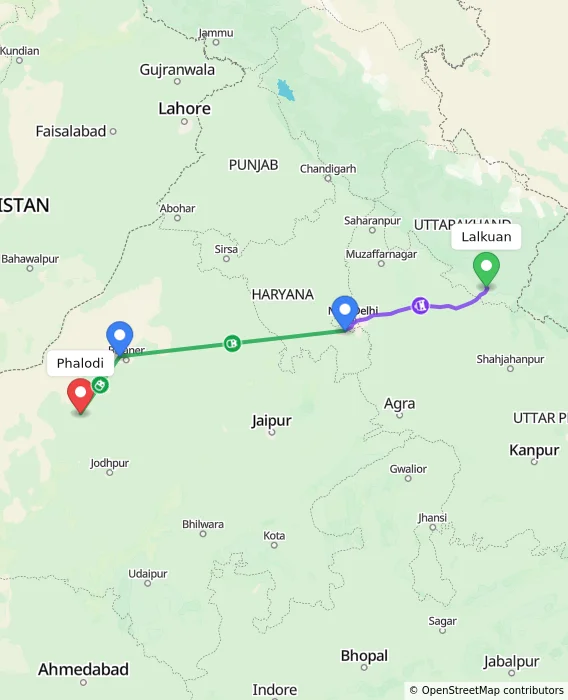 Route map showing distance and travel time from Lalkuan, India to Phalodi, India