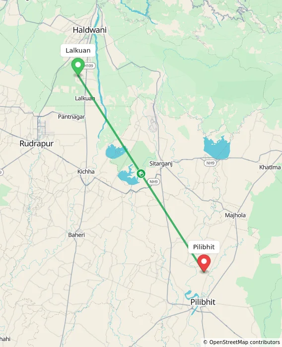 Route map showing distance and travel time from Lalkuan, India to Pilibhit, India