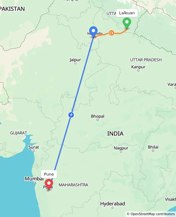 Route map showing distance and travel time from Lalkuan, India to Pune, India
