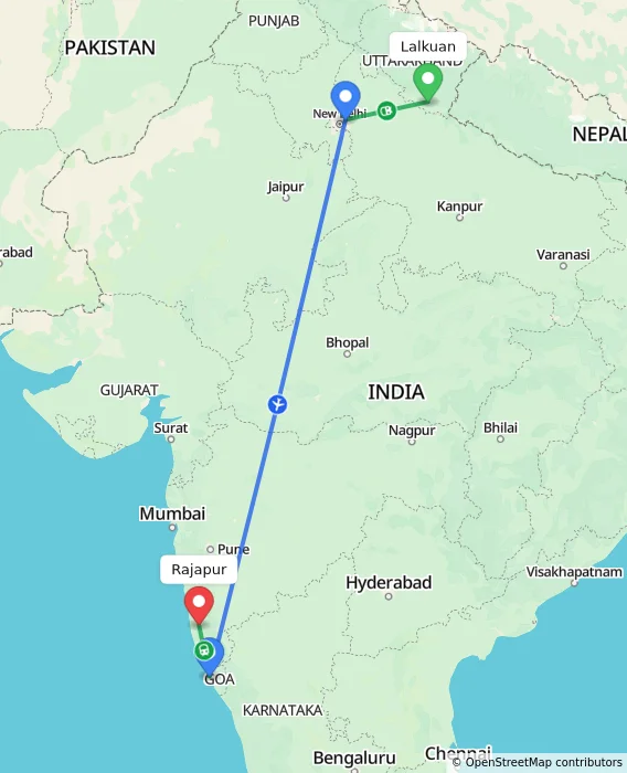 Route map showing distance and travel time from Lalkuan, India to Rajapur, India