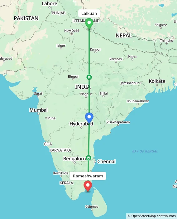 Route map showing distance and travel time from Lalkuan, India to Rameshwaram, India