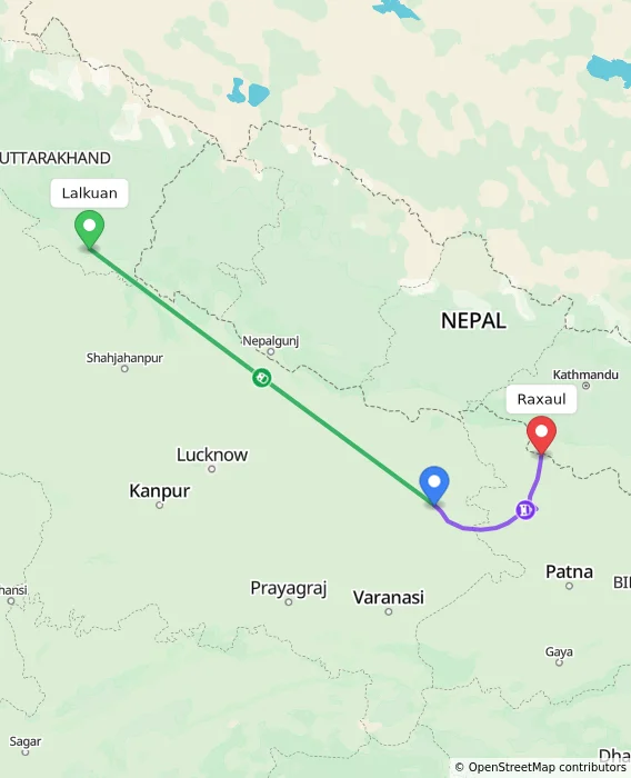 Route map showing distance and travel time from Lalkuan, India to Raxaul, India