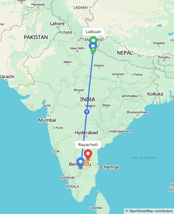 Route map showing distance and travel time from Lalkuan, India to Rayachoti, India