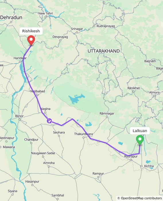 Route map showing distance and travel time from Lalkuan, India to Rishikesh, India