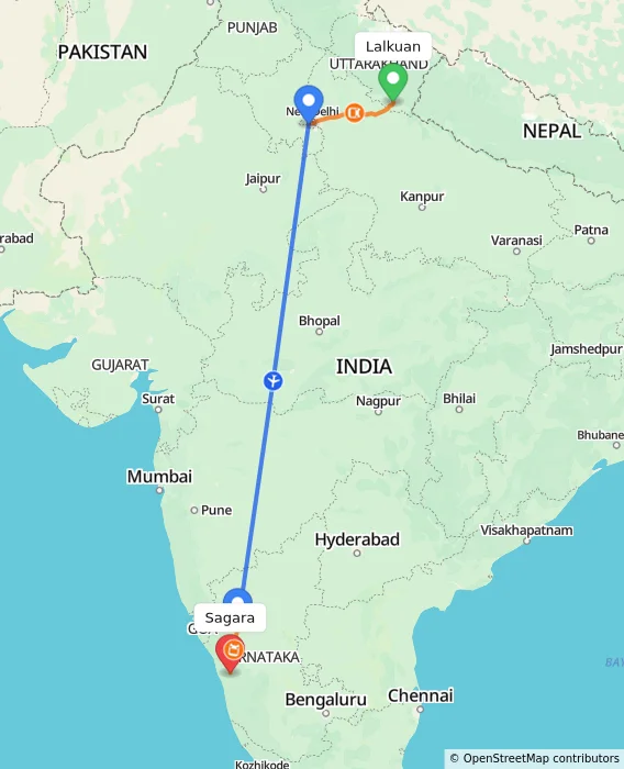 Route map showing distance and travel time from Lalkuan, India to Sagara, India