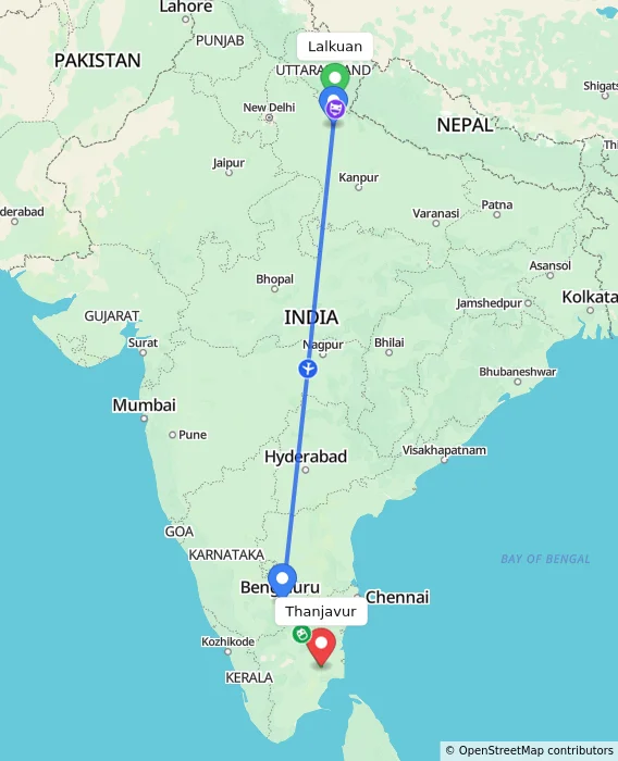 Route map showing distance and travel time from Lalkuan, India to Thanjavur, India