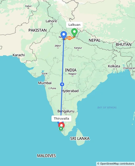 Route map showing distance and travel time from Lalkuan, India to Thiruvalla, India