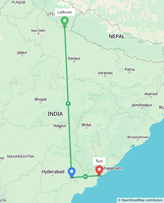 Route map showing distance and travel time from Lalkuan, India to Tuni, India