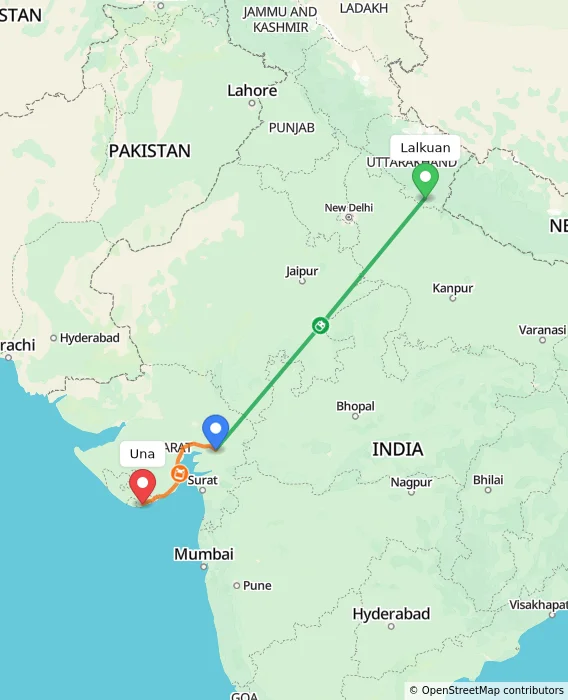 Route map showing distance and travel time from Lalkuan, India to Una, India