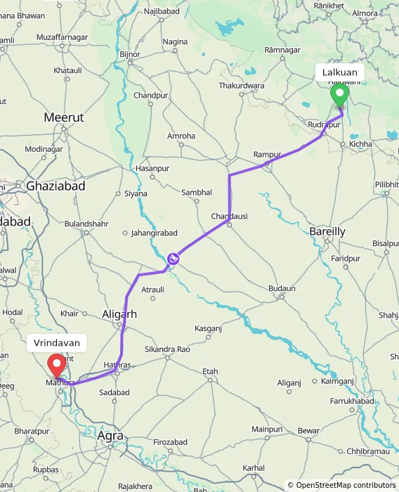 Route map showing distance and travel time from Lalkuan, India to Vrindavan, India