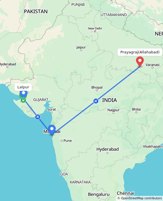 Route map showing distance and travel time from Lalpur, India to Allahabad, India