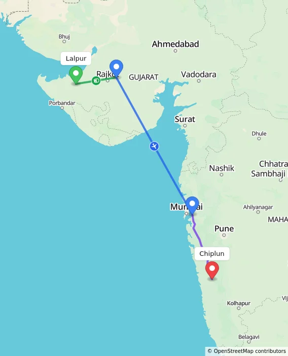 Route map showing distance and travel time from Lalpur, India to Chiplun, India