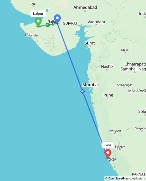 Route map showing distance and travel time from Lalpur, India to Goa, India