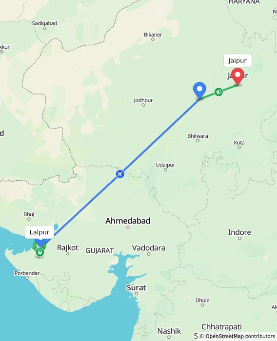 Route map showing distance and travel time from Lalpur, India to Jaipur, India