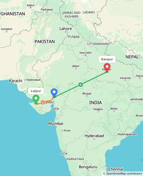 Route map showing distance and travel time from Lalpur, India to Kanpur, India