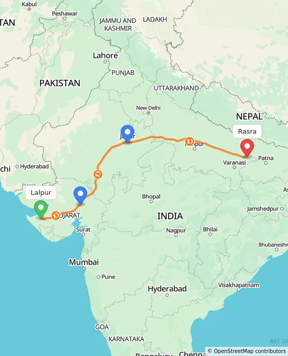 Route map showing distance and travel time from Lalpur, India to Rasra, India