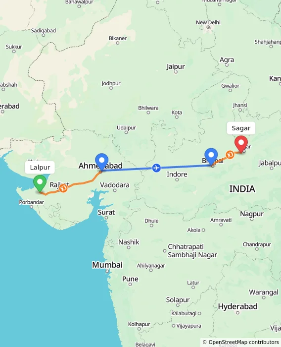 Route map showing distance and travel time from Lalpur, India to Sagar, India