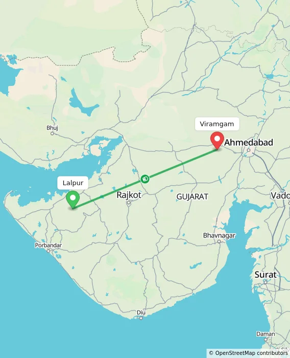 Route map showing distance and travel time from Lalpur, India to Viramgam, India