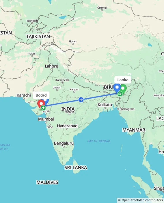 Route map showing distance and travel time from Lanka, India to Botad, India