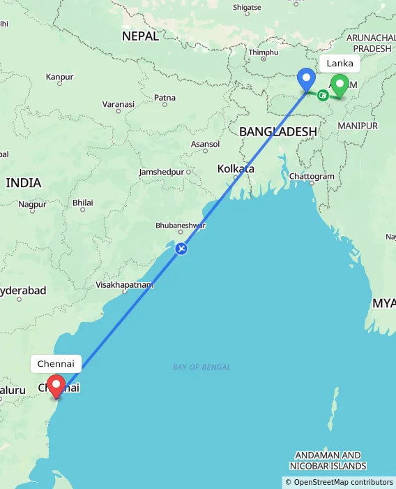 Route map showing distance and travel time from Lanka, India to Chennai, India