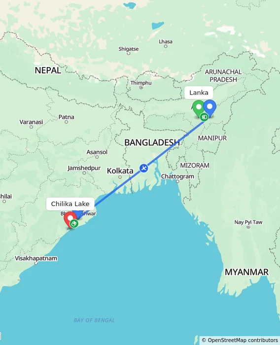Route map showing distance and travel time from Lanka, India to Chilika Lake, India