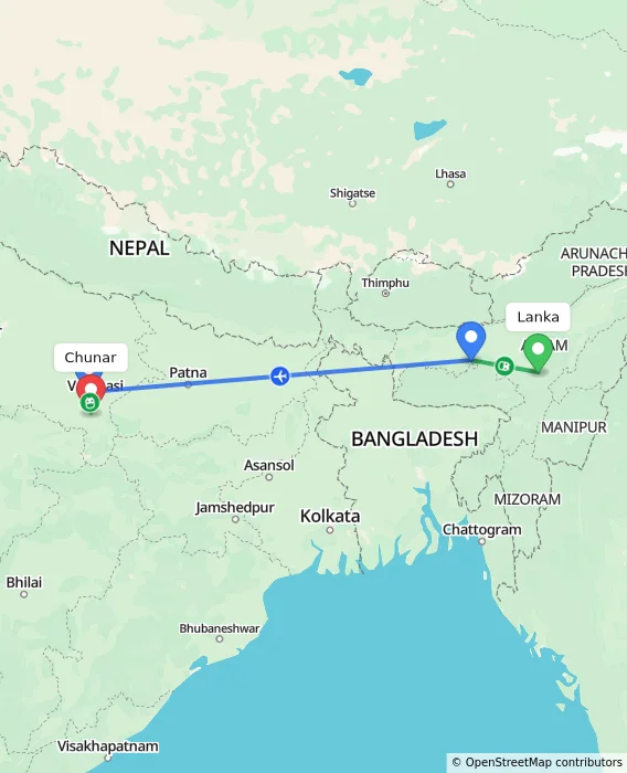 Route map showing distance and travel time from Lanka, India to Chunar, India