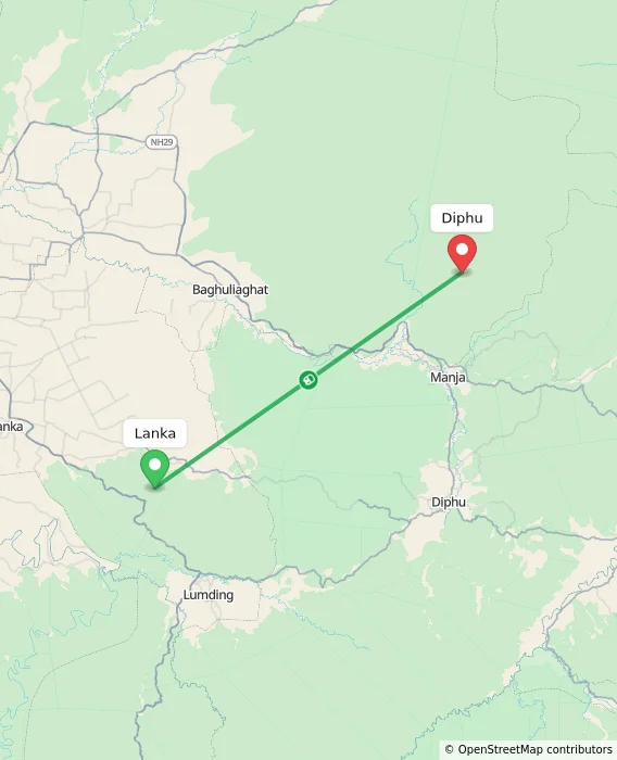 Route map showing distance and travel time from Lanka, India to Diphu, India