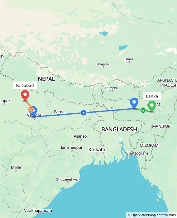 Route map showing distance and travel time from Lanka, India to Faizabad, India