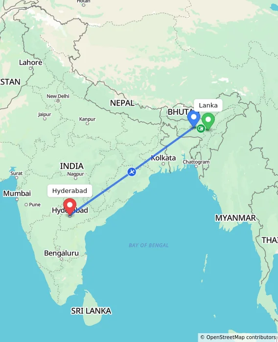Route map showing distance and travel time from Lanka, India to Hyderabad, India