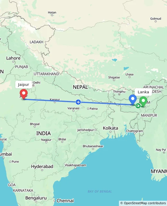 Route map showing distance and travel time from Lanka, India to Jaipur, India