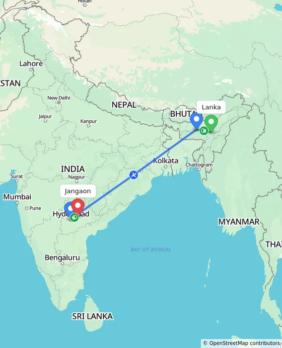 Route map showing distance and travel time from Lanka, India to Jangaon, India