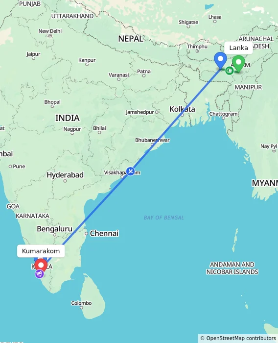 Route map showing distance and travel time from Lanka, India to Kumarakom, India