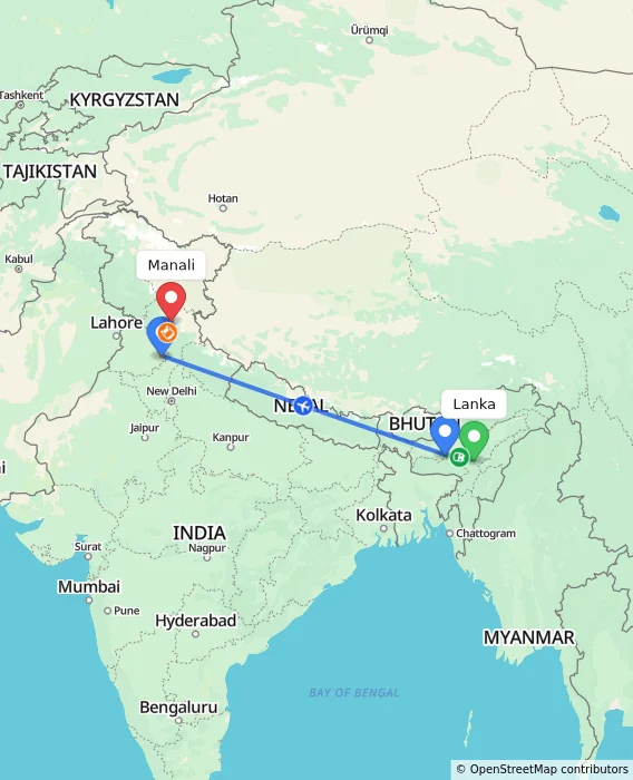 Route map showing distance and travel time from Lanka, India to Manali, India