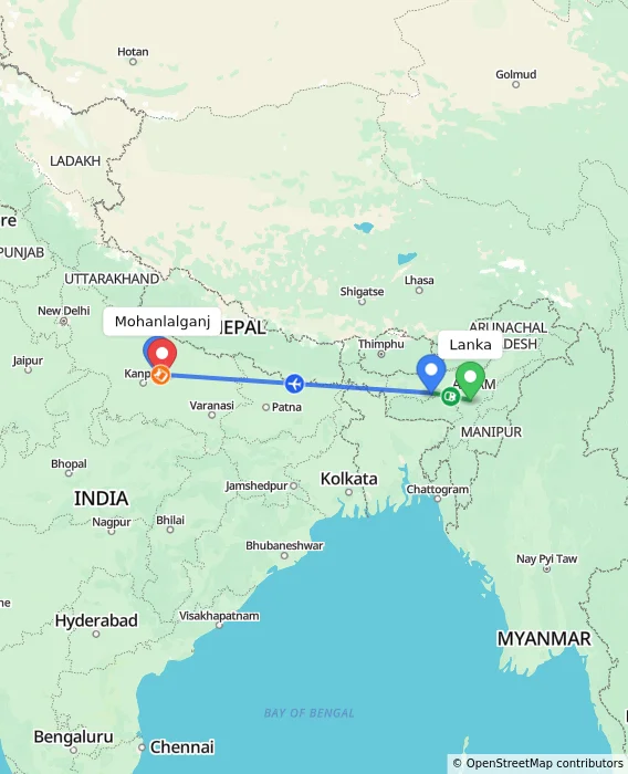Route map showing distance and travel time from Lanka, India to Mohanlalganj, India