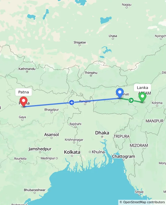 Route map showing distance and travel time from Lanka, India to Patna, India