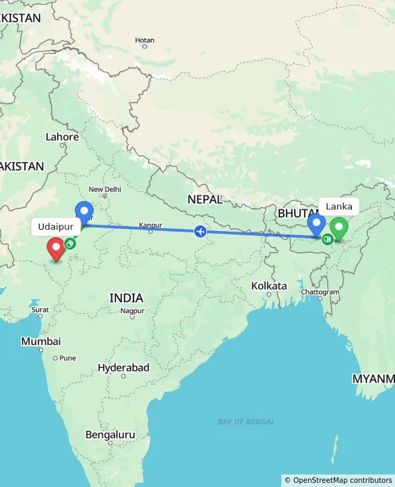 Route map showing distance and travel time from Lanka, India to Udaipur, India