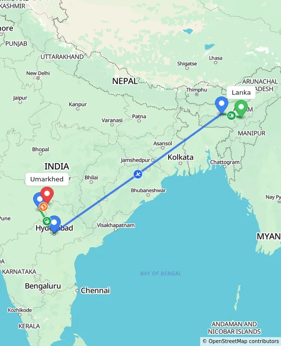 Route map showing distance and travel time from Lanka, India to Umarkhed, India