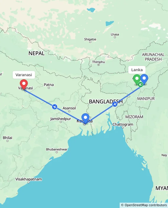 Route map showing distance and travel time from Lanka, India to Varanasi, India