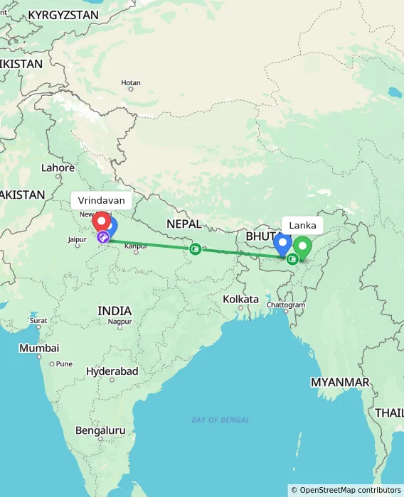 Route map showing distance and travel time from Lanka, India to Vrindavan, India