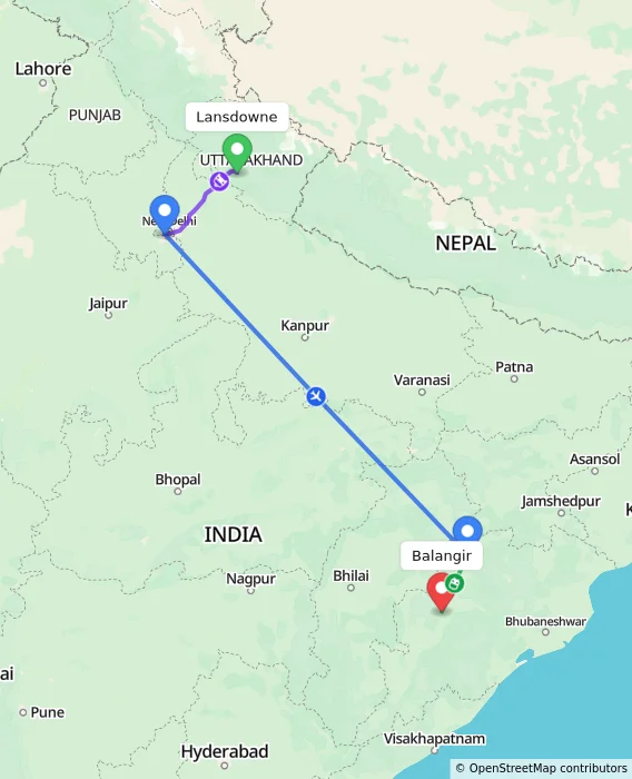 Route map showing distance and travel time from Lansdowne, India to Balangir, India
